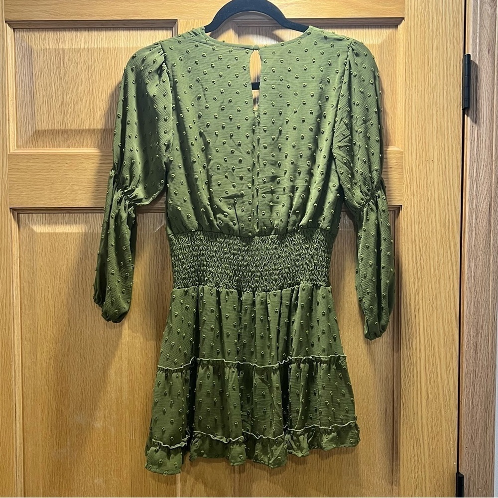 Chelsea Violet Big Girl Smocked Waist Clip Dot Mini Dress Longsleeve Olive Green - Picture 2 of 6